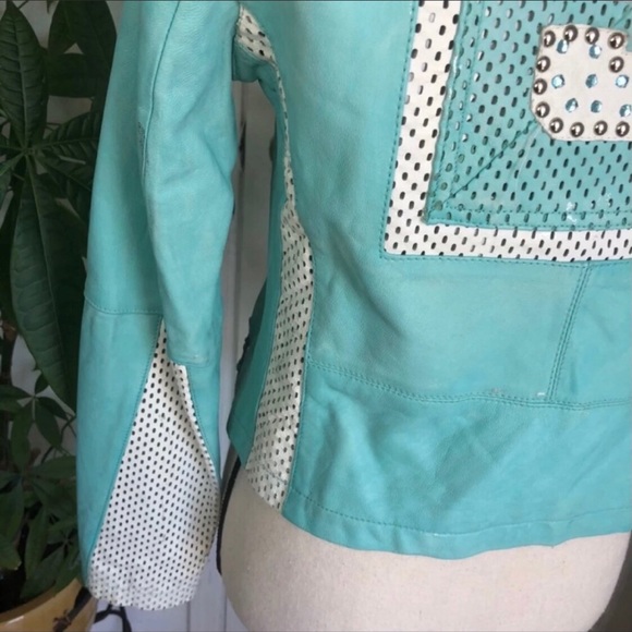 Leather Turquoise distressed Biker Jacket NWOT - Picture 8 of 11